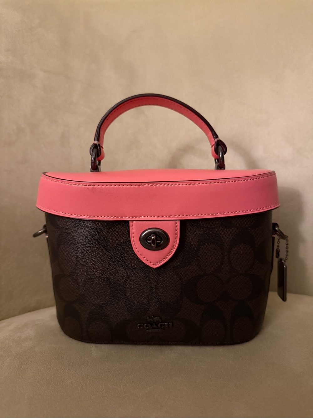 Coach Brown Signature Satchel with Pink Leather Trim